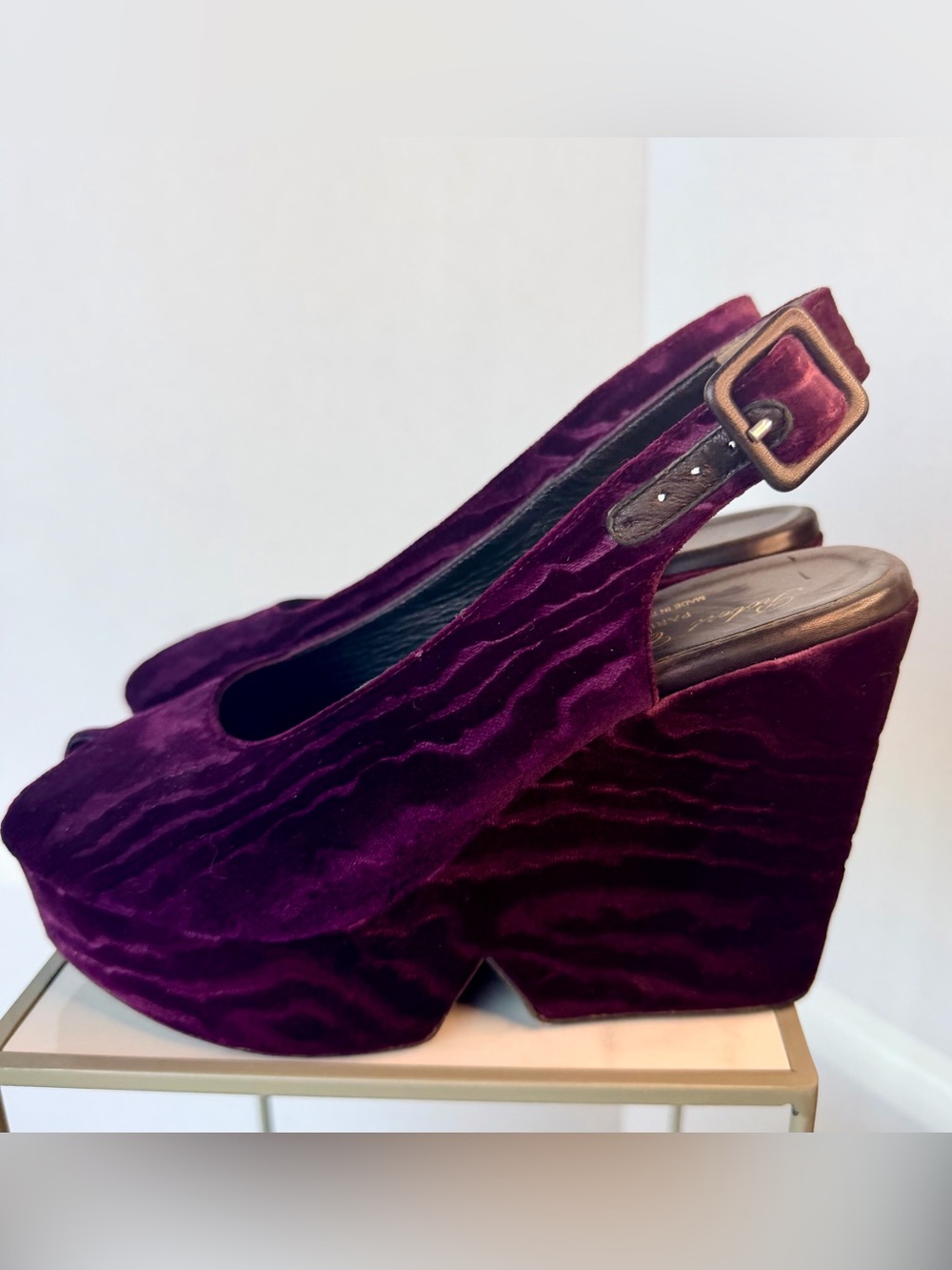 Robert Clergerie Plum Velvet Platform Wedge Slingbacks - Picture 7 of 9